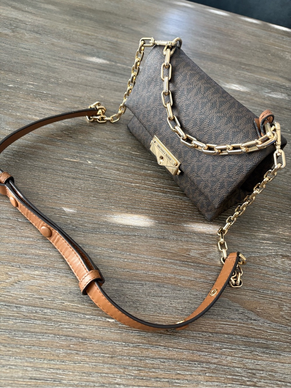 Mini Michael Kors Brown Monogram Crossbody with Gold Chain